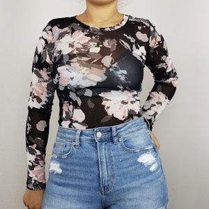 Floral mesh long sleeve bodysuit